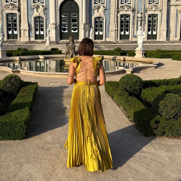 Yellow Pleated Ruffled Cap Sleeve Cut Out Lace Up Gown - Picture 2 of 5